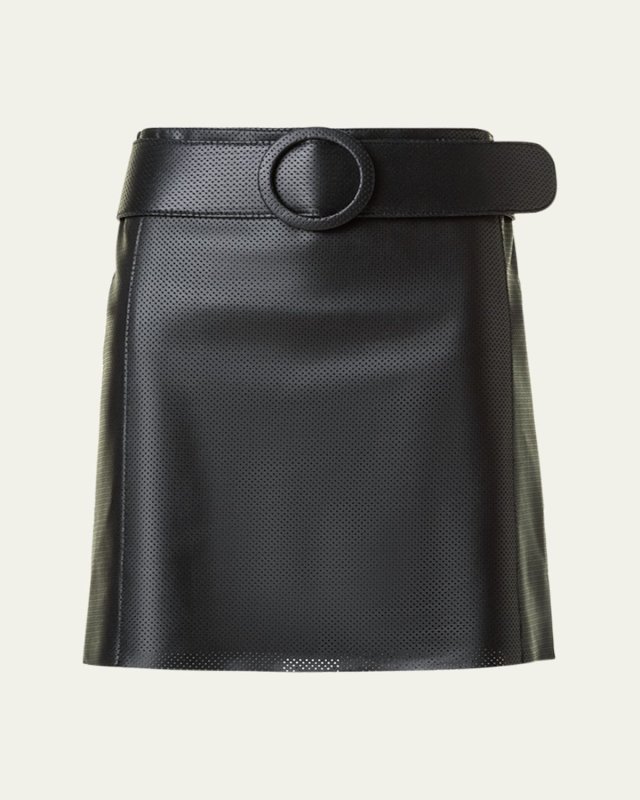 Perforated Nappa Leather Belted Mini Skirt